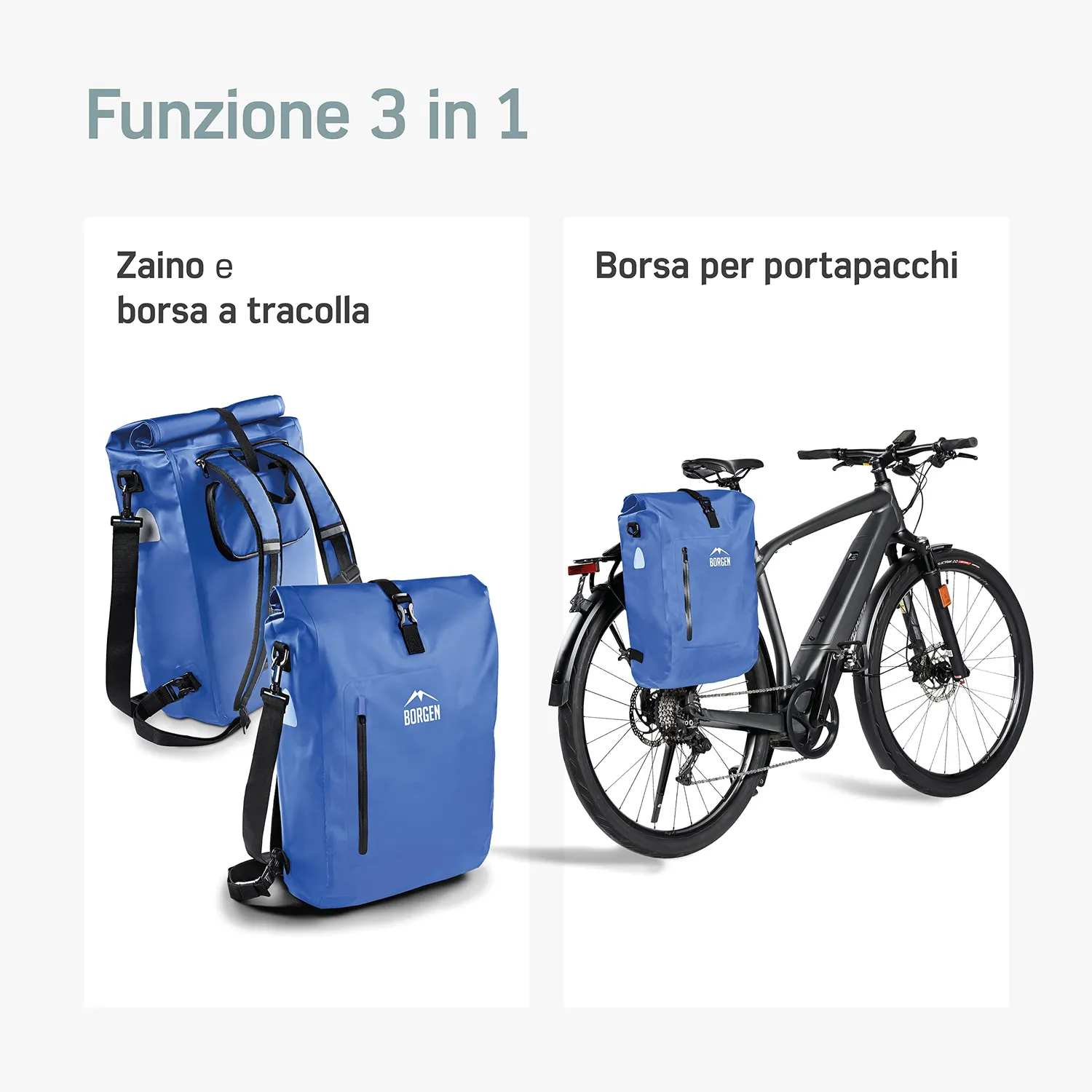 Borgen 3 in 1 borsa portapacchi bici blu 25L impermeabile