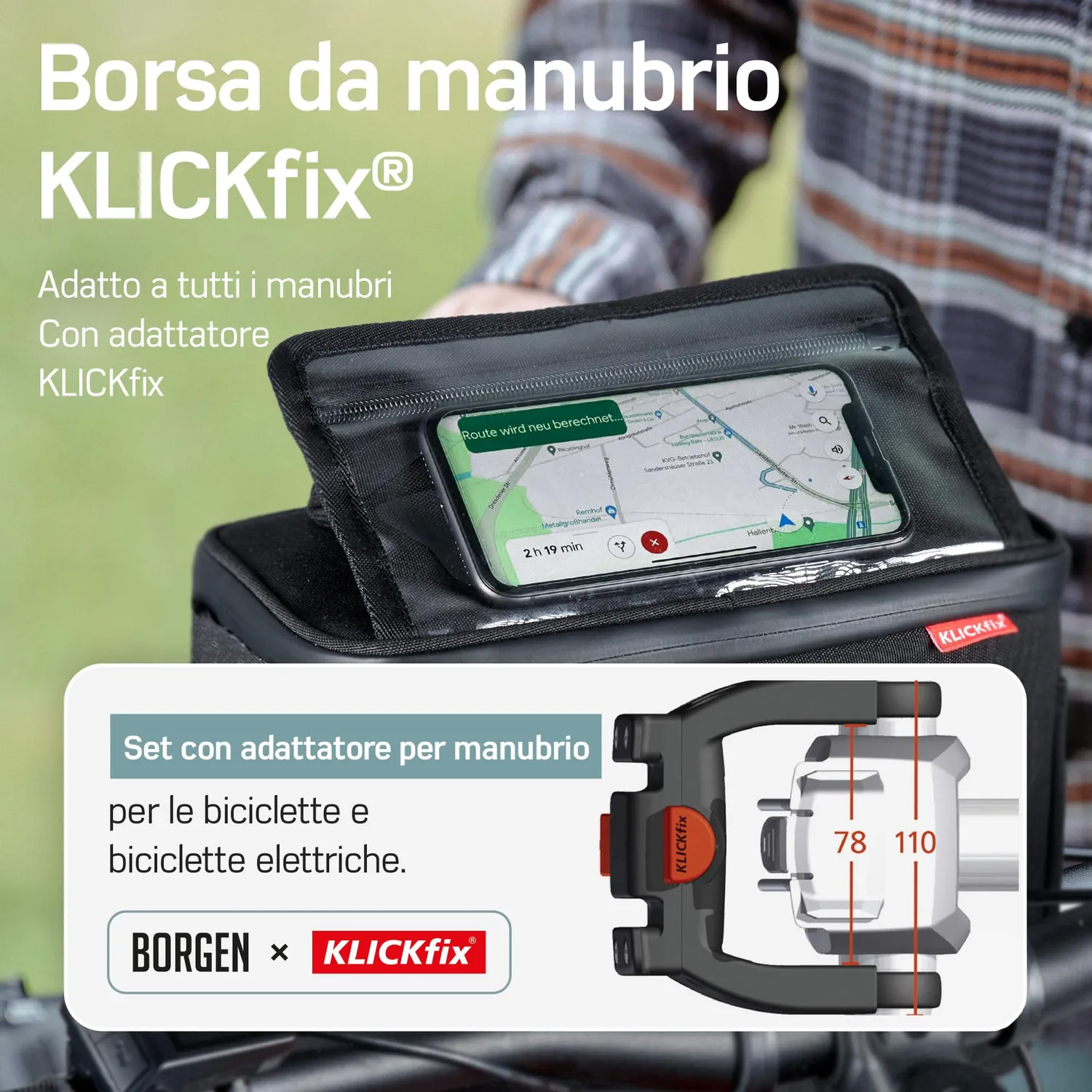 Borgen Klickfix borsa manubrio 6L nero riflettente adattatore