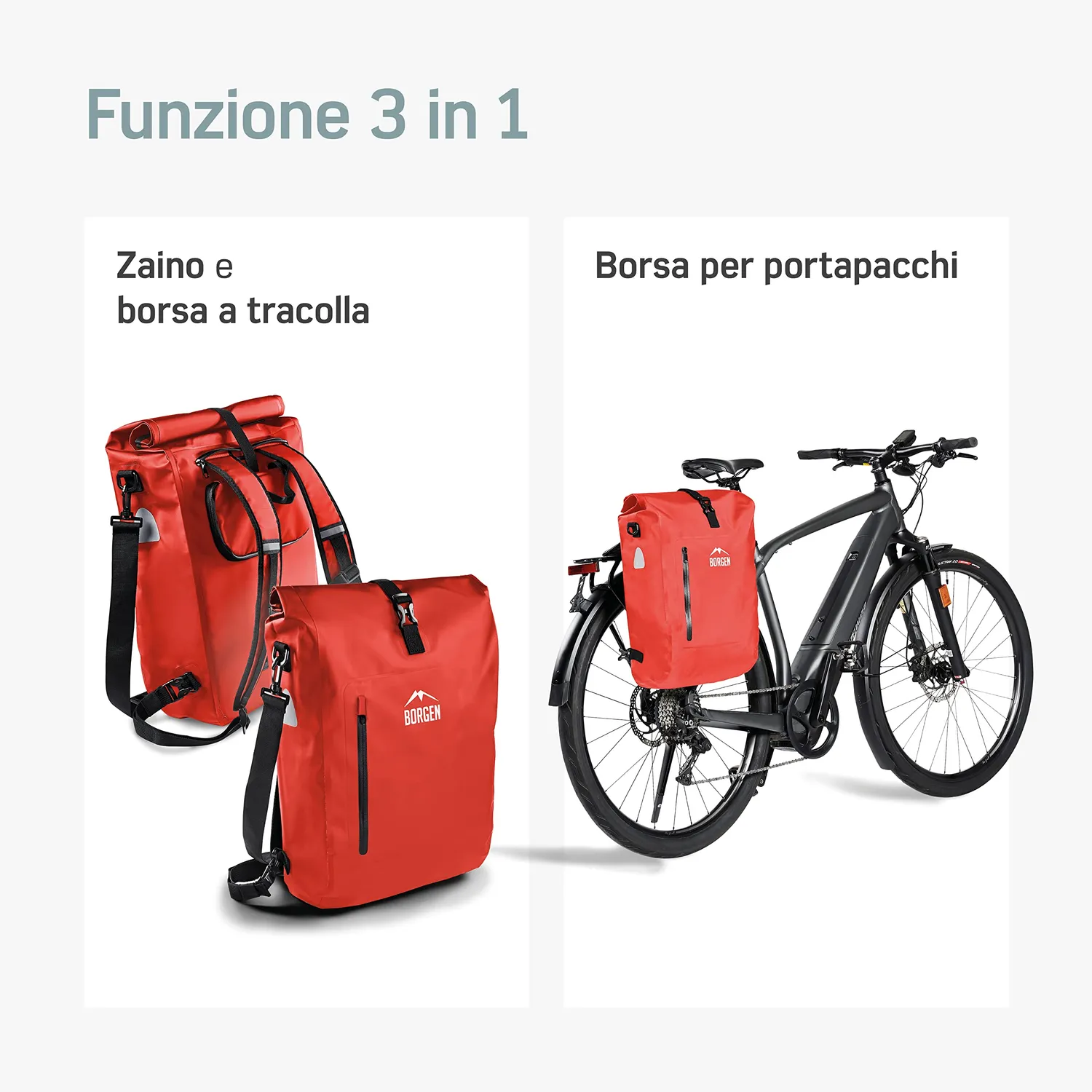 Borgen 3 in 1 borsa portapacchi bici rossa 18L impermeabile