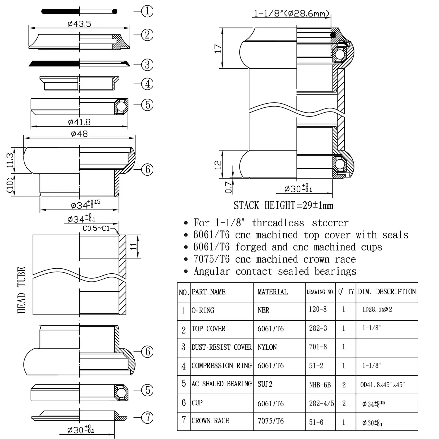 WFS NV.58 HS04ZQGLD serie sterzo 1-1/8" oro