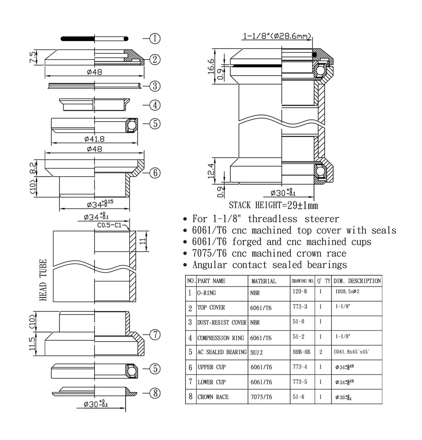 WFS NV.37 serie sterzo bici 1-1/8 blu 34 mm