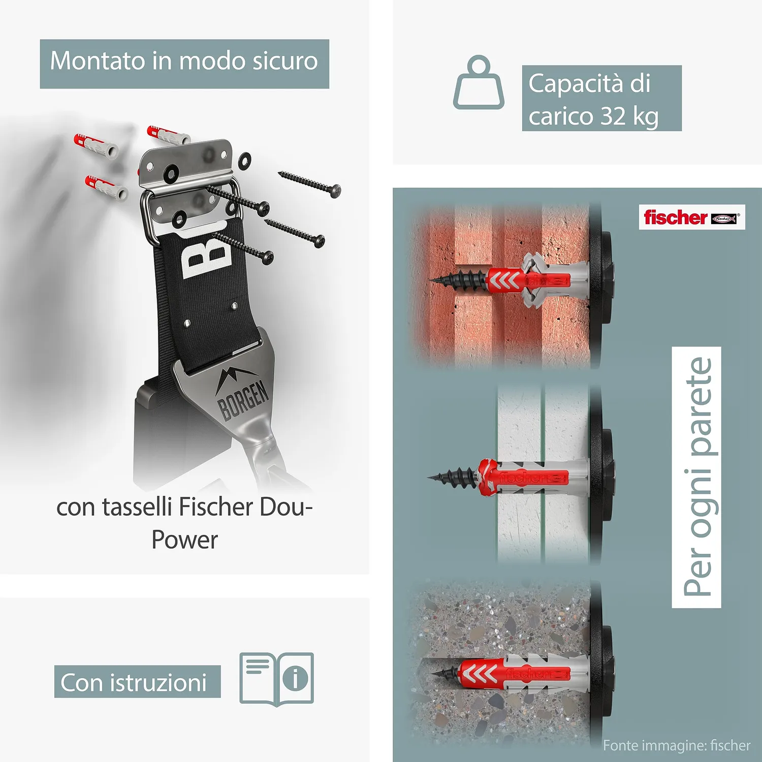 Borgen supporto bici muro gancio set 1 pezzo 32 kg