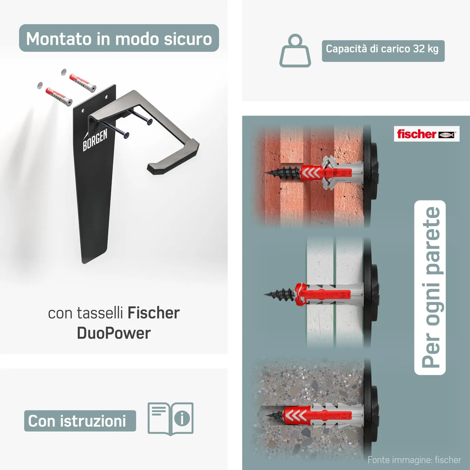 Borgen supporto bici parete verticale nero 32kg set 1 pezzo