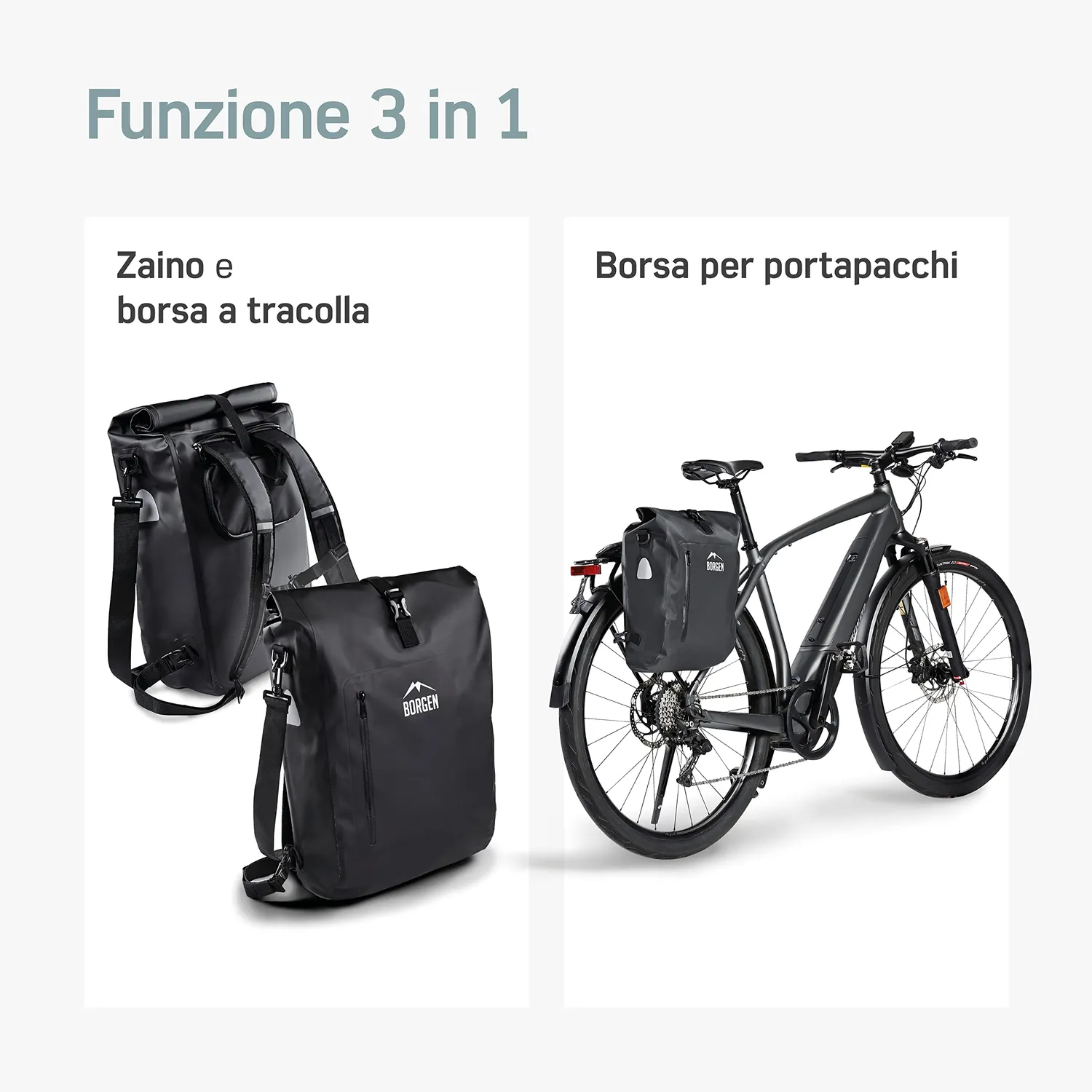 Borgen 3 in 1 borsa portapacchi bici nera 25L impermeabile