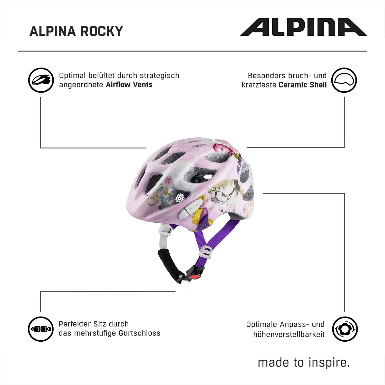 Alpina Rocky casco bici bambino Rapunzel