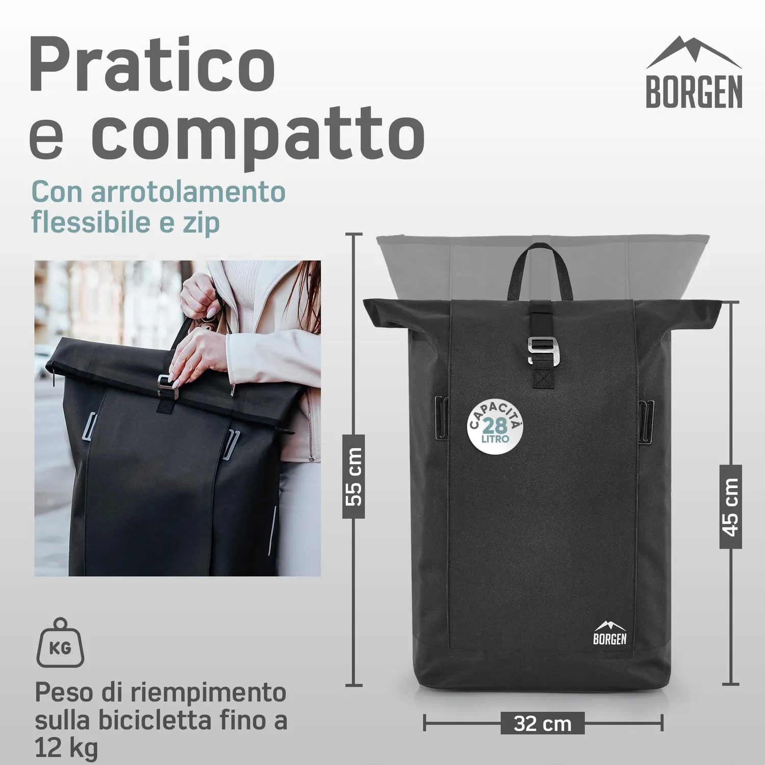 Borgen borsa portapacchi bici nera 28 L impermeabile